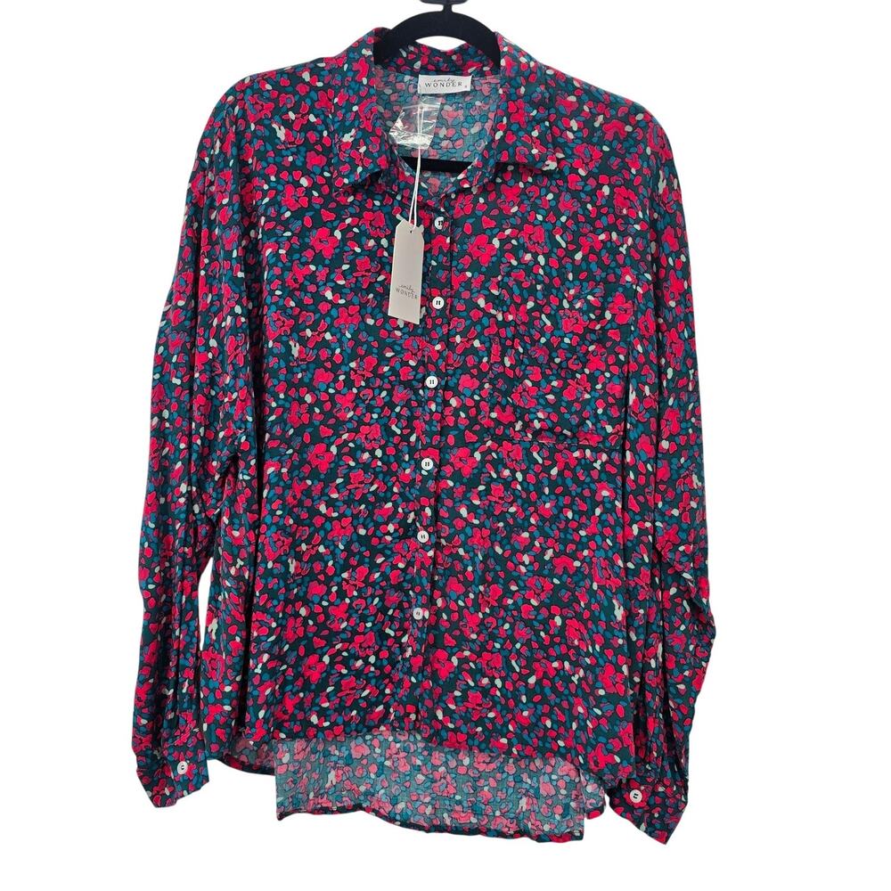 Emily Wonder Shirt Womens Small Red Floral Button Up Lightweight Blouse Blue New